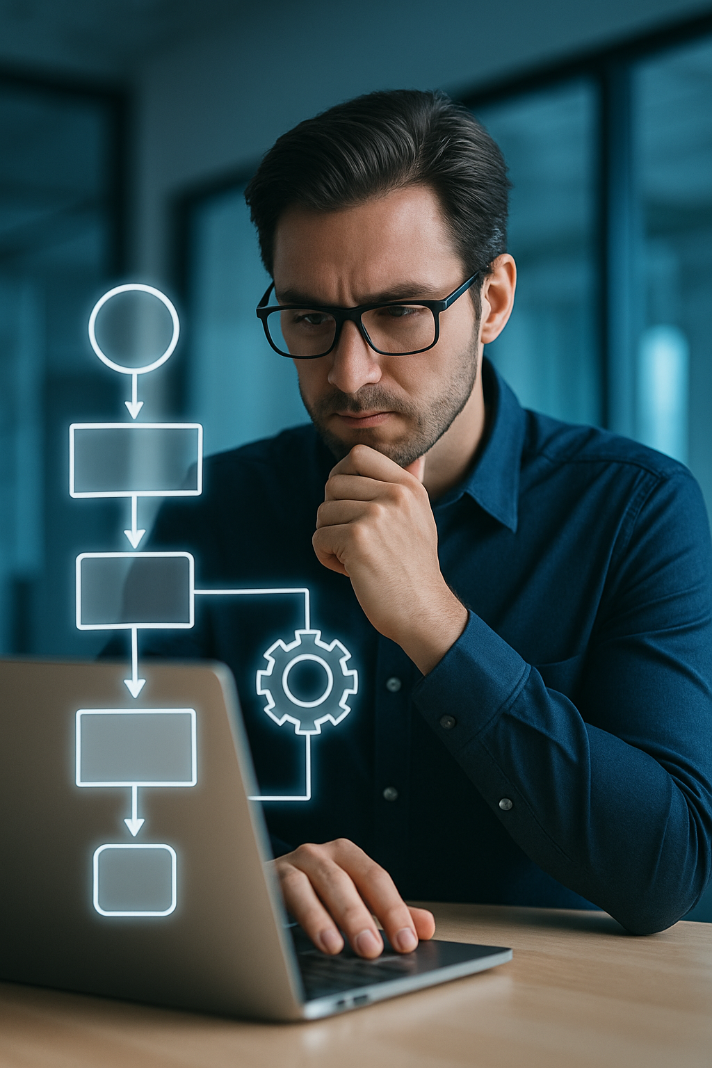 [Imagen de un hombre mirando un portátil con un diagrama de flujo y un engranaje flotando]
